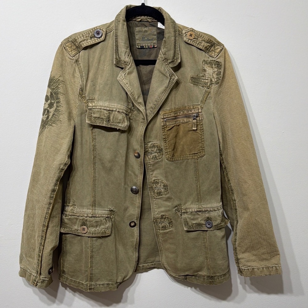 Triple 5 Soul Y2K Men Medium Military Jacket Green Distressed Skull Graphic